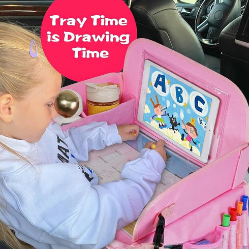 MENZOKE Kids Travel Tray, Car Seat Table Tray, Road Trip Essentials with Educational Drawing Board, Tablet Holder