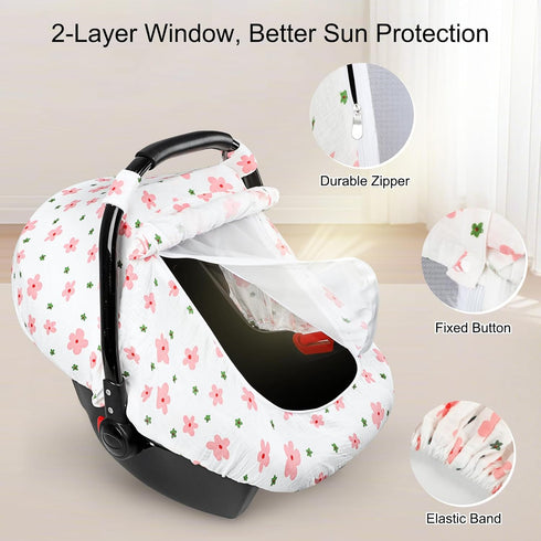 3 Packaging, Hooyax Muslin Car Seat Cover Baby - Breathable and Privacy Car Seat Canopy with Modes - Easy Install