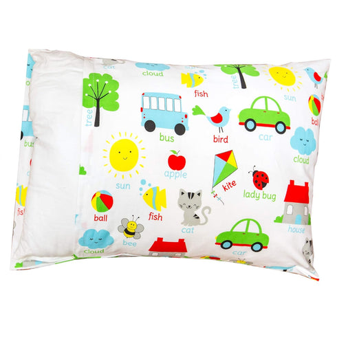 Toddler Kids Pillowcase for Boys and Girls, Words, 13x18 14x19, 100% Cotton, Envelope Style Closure