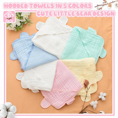 6 6 Preboun Pcs Muslin Baby Hooded Towels Cotton Absorbent Layers Cute Bath Toddler Towels for Newborn Kids Girl Infant