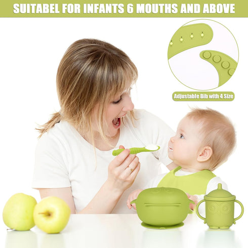 Silicone Baby Feeding Set - 13 Piece Baby Led Weaning Supplies, Strong Suction Bowl, Plate, Adjustable Bibs, 4-in-1 Cup