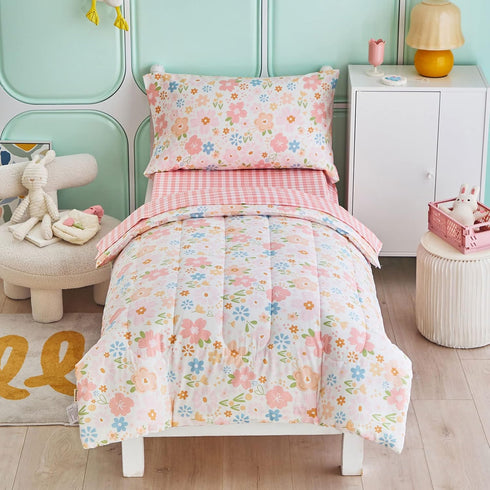 Joyreap 4 Piece Cotton Toddler Bedding Set for Girls, Pink Flowers Design, Soft