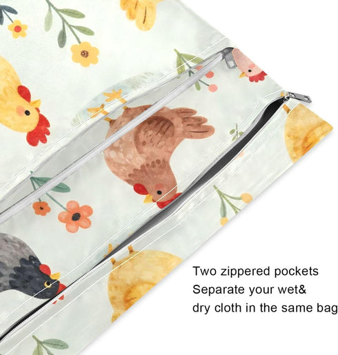 Haskirky 2 Cartoon Chickens Floral Pcs Cloth Diaper Wet Dry Bags,Waterproof and Washable Bag for Travel Reusable Wet