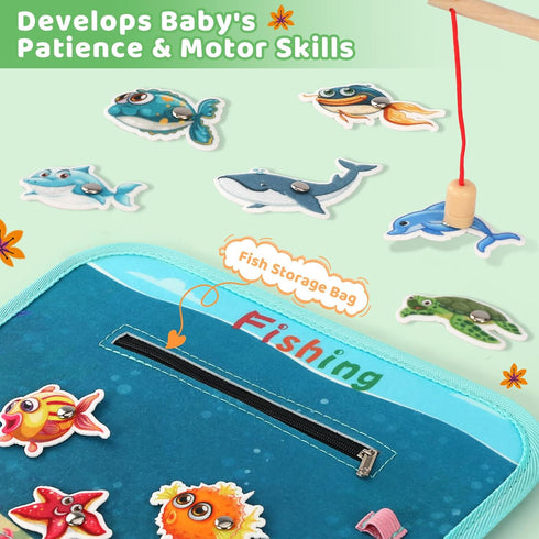 1 1-3 2-4 Toddler Busy Board for Year Old, Montessori Toy Sensory Busy Book for Toddler Fishing Game Life Skill