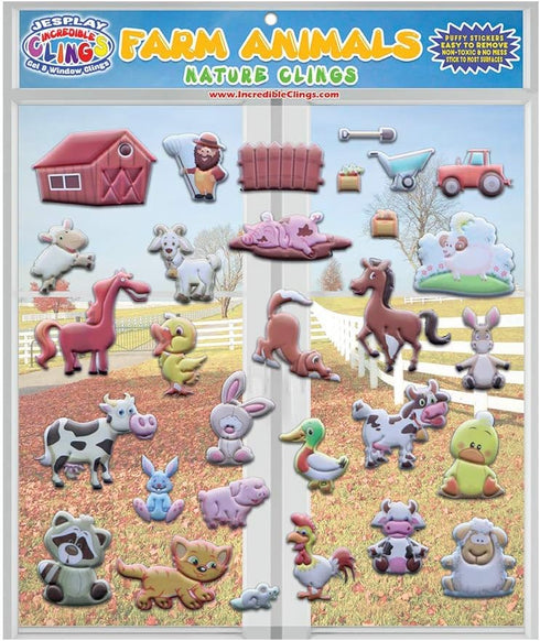 Funny Farm Animals Window Clings for Kids & Toddlers by Jesplay USA - Reusable Gels & Decals, Puffy Sticker Activities