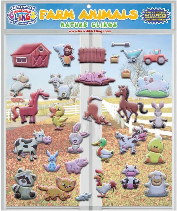 Funny Farm Animals Window Clings for Kids & Toddlers by Jesplay USA - Reusable Gels & Decals, Puffy Sticker Activities