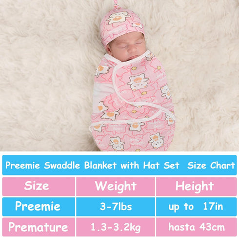 3 Pack Preemie Swaddle Blanket with Hat Set Preemie Hats Baby Receiving Blanket Swaddle Wrap for Preemie Newborn (Cute Style)