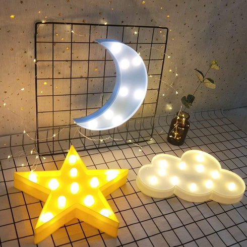 3PCS Decorative LED Crescent Moon Cloud and Star Night Lights Lamps Marquee Signs Letters for Baby Nursery Decorations