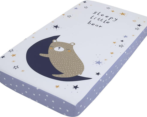 NoJo Goodnight Sleep Tight Fitted Crib Sheet, 100% Cotton, Light Blue, Navy, White, Tan