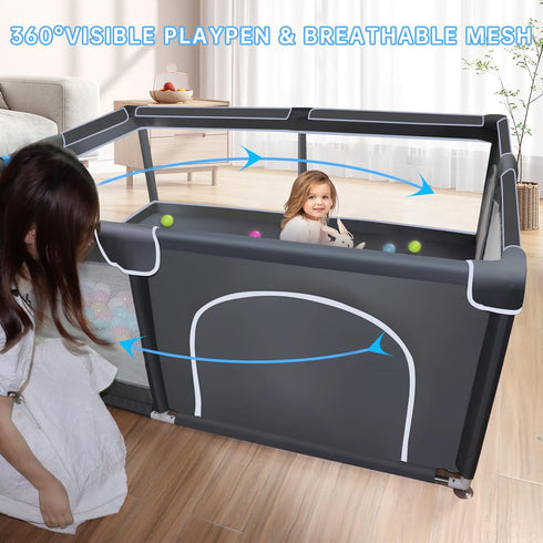 Baby Playpen, 50 x 50 inch Playard for Babies and Toddlers, Grey Baby Fence with Soft Breathable Mesh