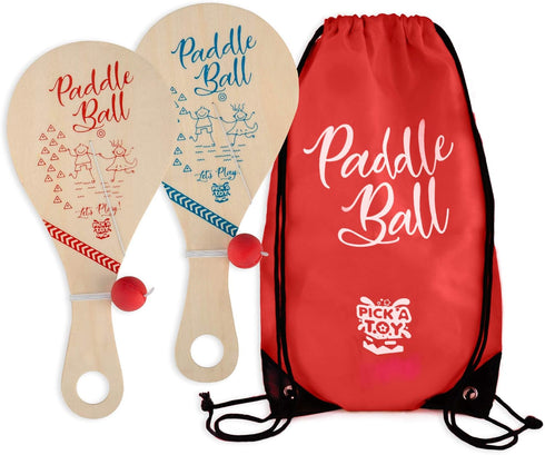 Wooden Paddle Ball Set of 2 - Fun Classic Indoor Outdoor Toy with Red Carry Bag for Boys and Girls