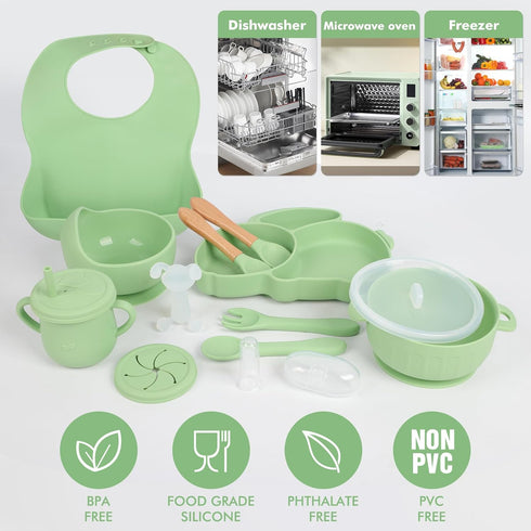 mraisebossup Set 15 Silicone Baby Feeding PcsBaby Spoons Suction Bowl Divided Plate Bib Cup Finger Brush Training