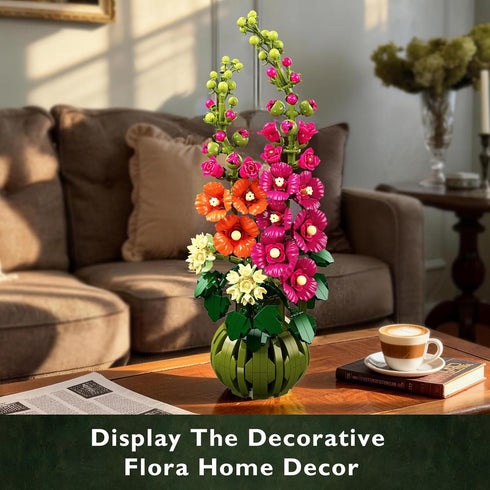 Set 974PCS CUBIMANA Flowers Botanicals Alcea Rosea Building for Adults - Artificial Bonsai Plant for Home Office Dcor