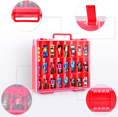 FULLCASE Toys Organizer Storage for Hot Wheels Cars, Double Sided Carrying Box with 48 Compartments (Box Only) Red