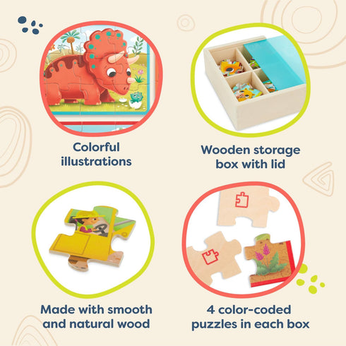 B. toys Pack o' Puzzles 3-Pack - Wooden Puzzle Box Set with 12 Puzzles: Pets, Dinos & Trucks for Kids 3 Years +