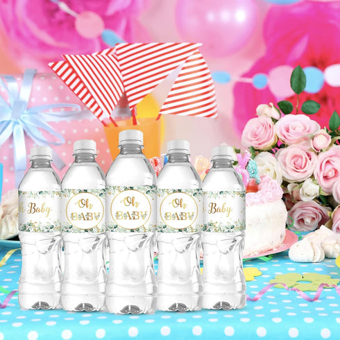 WIDEIDEAL 30 Oh Baby Water Bottle Labels, Baby Shower Stickers, Boy or Girl Party Decorations Eucalyptus Leaves Green