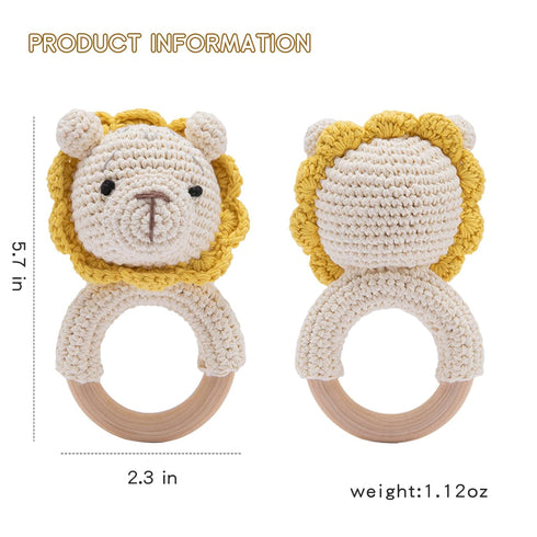 Wooden Baby Rattle Crochet Lion, Handmade Newborn Toy for Early Development Grips Stuffed Animal Organic Rattle