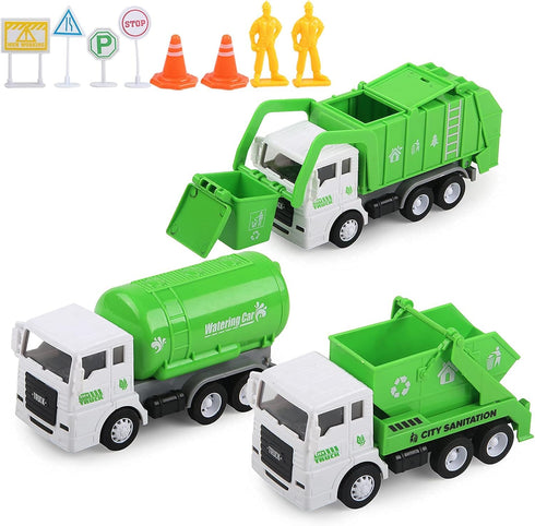Toy Vehicles Set 3 Pack, Sanitation Truck Model with 8 Signposts, Friction Power for Boys Age 3+