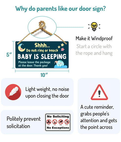 Funplus Baby Sleeping Sign for Front Door - Do Not Knock or Ring - 10 x5 PVC Plastic Hanging Sign