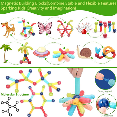 COUOMOXA 74 PCS Magnetic Blocks Sticks, Construction Building Learning Education Toys for 3+ Year Old