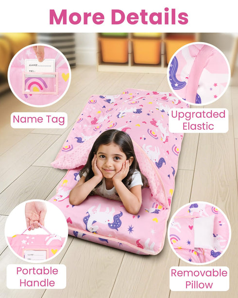 55"x36" Toddler Nap Mat with Pillow and Minky Blanket, Large Sleeping Bag, Washable, Lightweight, Easy to Roll, Perfect