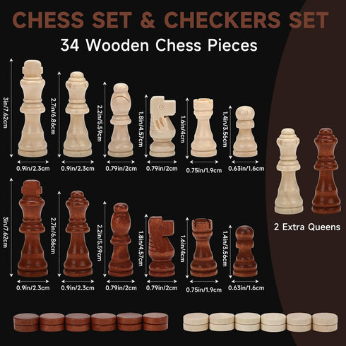 15" Set 2 Set Wooden Chess | Folding Board, Extra Queens | Magnetic Chess Board for Adults & Kids, Pieces Storage Slots