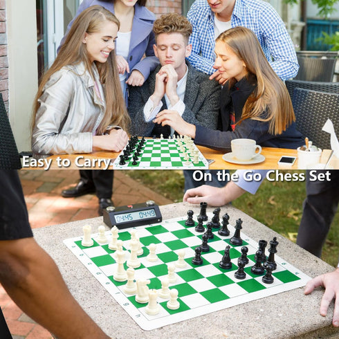 Set 20'' Board-3.75'' 2 1 Travel Chess Silicone Chess King Height Plastic Piece, Extra Queens & Storage Bag