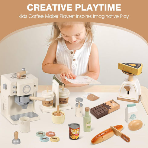 Playset Pithfor Kids Wooden Coffee with Grinder, Toy Coffee Maker for Kids Toddlers, Pretend Play Kitchen Appliances