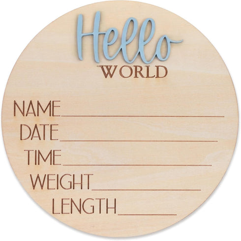 TTMerriwood Hello World Wooden Baby Birth Announcement Sign, Newborn Name Date Time Weight