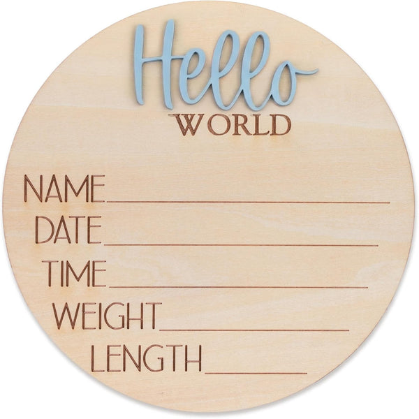 TTMerriwood Hello World Wooden Baby Birth Announcement Sign, Newborn Name Date Time Weight
