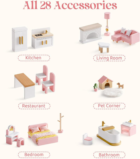 Set, 28 6 3+ ROBOTIME Wooden Dollhouse Furniture PCS Miniature Dollhouse Furniture with Room Kits, Dollhouse