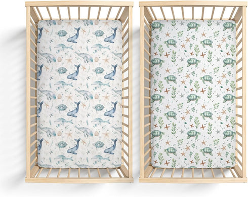 KuphiL10C 2 Pack Watercolor Ocean Animals Whale Sea Turtle Starfish Pattern Baby Sheets