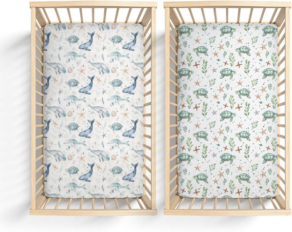 KuphiL10C 2 Pack Watercolor Ocean Animals Whale Sea Turtle Starfish Pattern Baby Sheets