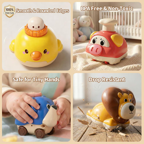 STACTCUTE 6pcs 1-3, 6-12-18 1st Press and Go Animal Toy Cars for Toddlers Baby Push Go Battery-Free Long-Distance