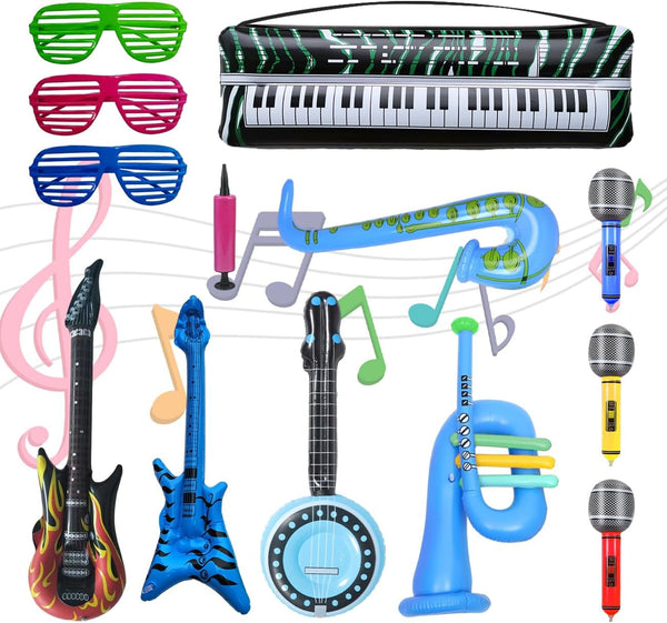 Inflatable Rock Star Toy Set - 12 Pack of Inflatable Instruments for 80s 90s Party Decorations