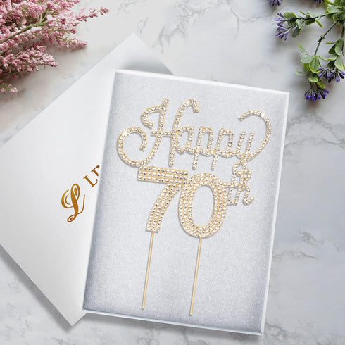 LINGTEER Happy 70th Birthday Gold Rhinestone Cake Topper, Cheers to 70th Birthday Party Decorations
