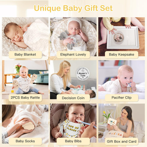 Set Baby Shower Gifts for Boys Girls, Baby Gifts Basket Newborn Blanket Rattle Toys Keepsake Pacifier Clip Infant Bibs