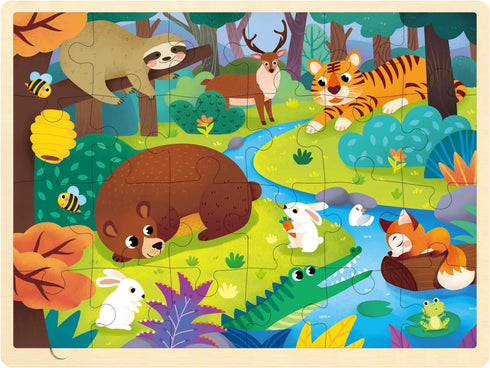 Unique Shape 24 Piece Jigsaw Puzzles for Kids Ages 3-5, Forest Animals, Wooden Puzzle with Storage Tray