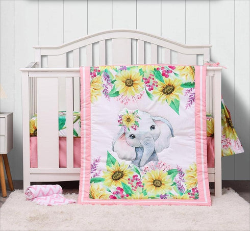 Pink Cartoon Elephant Crib Bedding Set for Girls,5 Piece-Crib Sheet/Crib Skirt/Quilt/Blanket/Diaper Bag