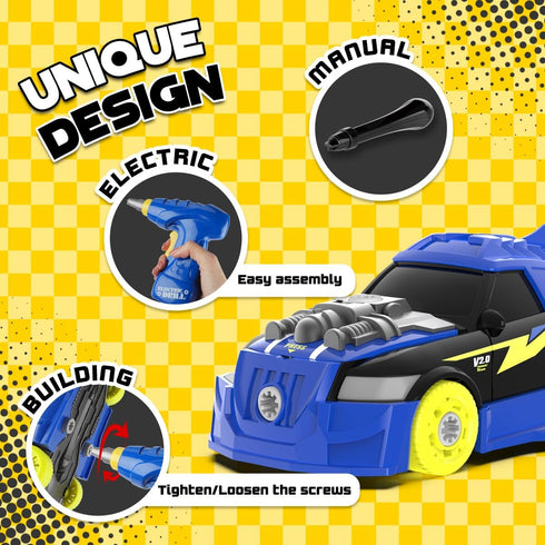 GILOBABY 26 Pieces Take Apart Racing Car Toys for Boys, Electric Drill, Sounds & Lights, Educational Gifts for 3-5 Year