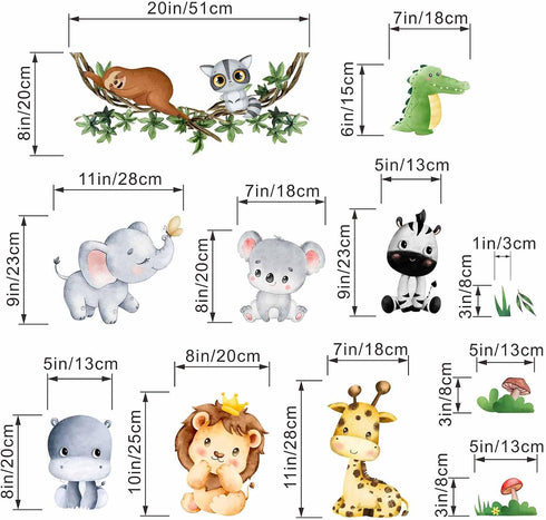 Jungle Baby Animals Wall Stickers - Elephant Lion Tiger Giraffe Wall Decals - Nursery Kids Girls Boys Room Daycare