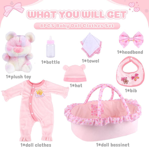 BABESIDE 8 Pcs Reborn Baby Doll Clothes with Bassinet for 17-22 Inch Dolls, Accessories for Newborn Baby Doll Girl