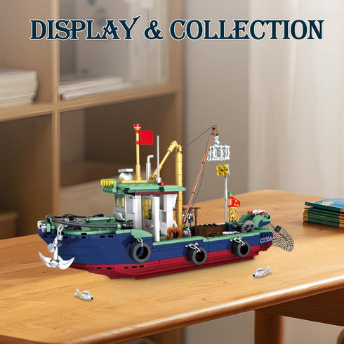 Fishing Boat Building Blocks Sets, 582 PCS City Marine Theme Model Kit for Ocean Exploration and Sea Fishing Lovers
