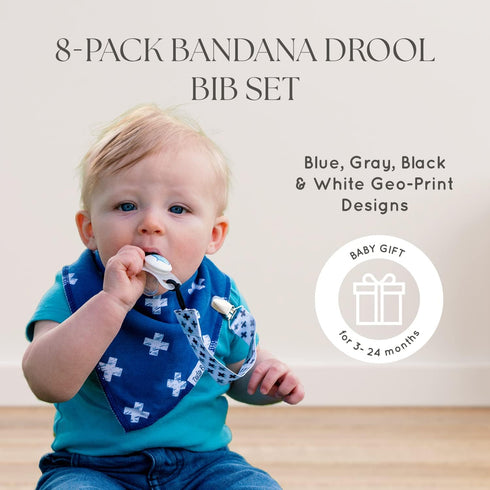 Dodo Babies Bandana Drool Bib Set, Eight 100% Cotton Bibs with Soft Lining, 2 Pacifier Clips, Blue Gift Bag
