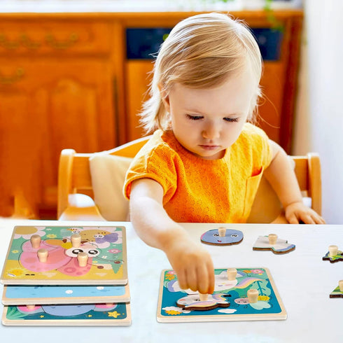 Wooden Toddler Puzzles, Funsland Peg Puzzles Gifts, Eco-Friendly Animal Patterns Jigsaw for 1-3 Years Old