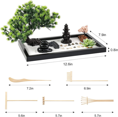 Set Zen Garden Kit for Desk Decor - Premium Beautiful Japanese Mini Sand Box Home, Office with Black Wooden Tray, White