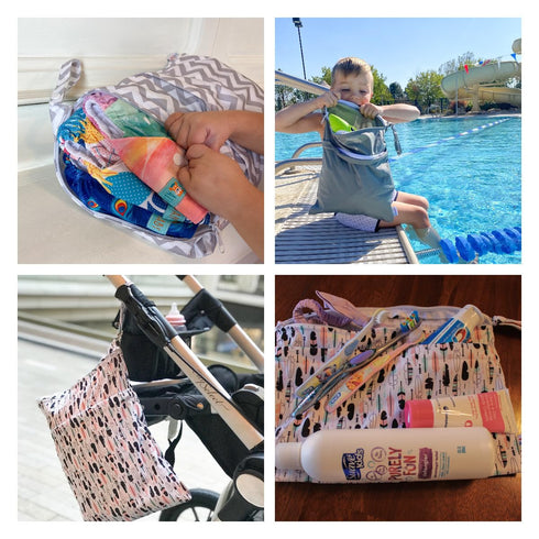 ALVABABY 3pcs Baby Cloth Diaper Wet Dry Bags, Waterproof Reusable with Two Zippered Pockets, Travel Beach Pool