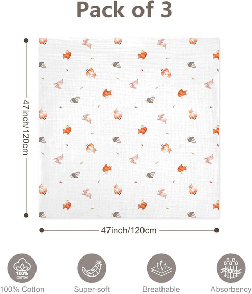 3-Pack 100% 47 47 Inches Cotton Muslin Swaddle Blankets, Large x Breathable Soft Receiving Blankets for Newborns