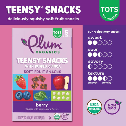 Plum Organics Teensy Snacks, Soft Fruit Snacks - Berry with Puffed Quinoa, 0.35 oz Bags (Pack of 40)