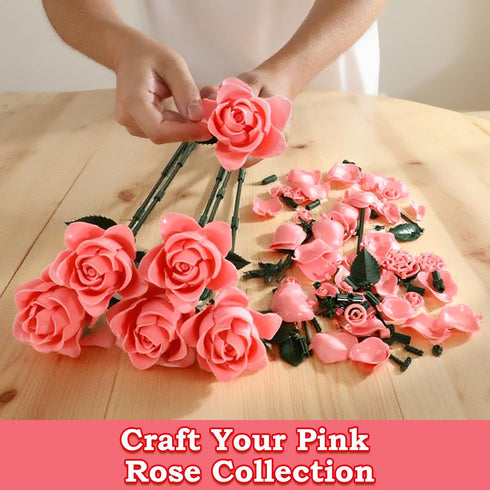 12 Set, Pink Roses Building Block Bouquet Symbol of Love, Admiration & Gratitude Romantic Gift for Wife, Mom, Daughter